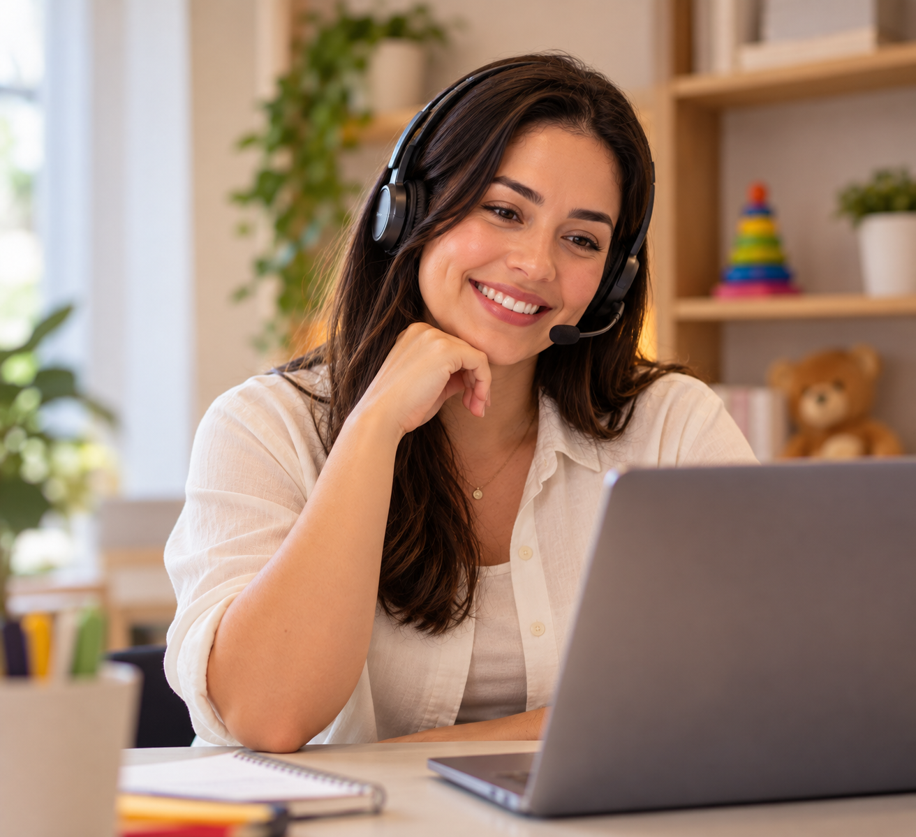 Atendente do suporte Kidogo, com headset, pronta para ajudar